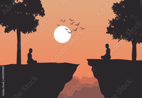 Monks pay train meditation to come to peace and out of suffer under the tree ,silhouette style vector illustration
