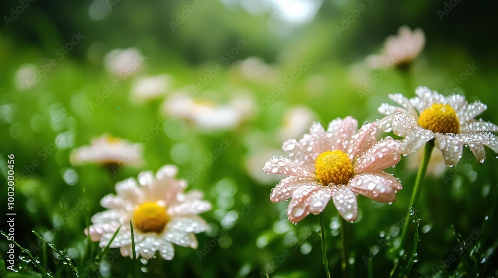Blooming flowers covered in water droplets, with a lush field stretching out behind, offering space for text. Blooming flowers covered in water droplets, with a lush field stretching out behind, offering space for text.