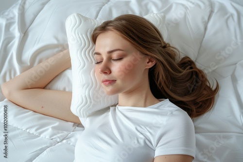 Sleeping Pillow. Healthy Back Posture Advertisement in Bed Chamber Background