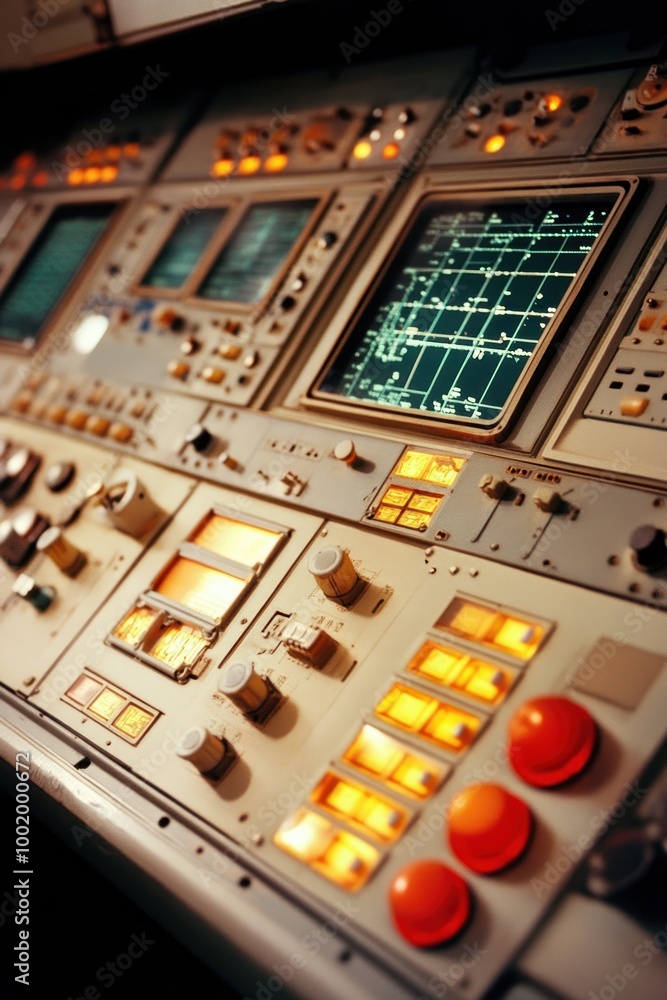 Control panel with various buttons and screens, likely for industrial or technological use. Control panel with various buttons and screens, likely for industrial or technological use.