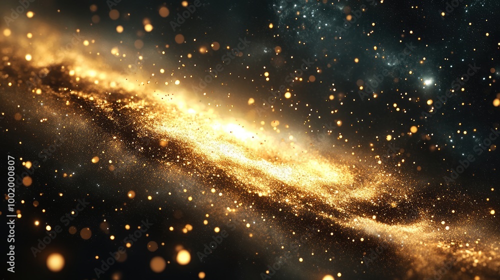 Elegant golden dust floating through the darkness of space, simulating the grandeur of a galactic light show Elegant golden dust floating through the darkness of space, simulating the grandeur of a galactic light show