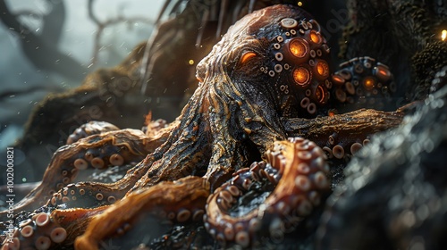 Wallpaper Mural Glowing Octopus in a Dark Forest: A Surreal Digital Art Torontodigital.ca