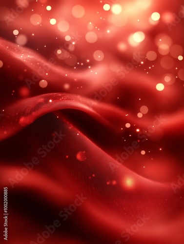 Red Satin Christmas Lights Background. An abstract background using a combination of red satin material and Christmas lights creating bokeh 