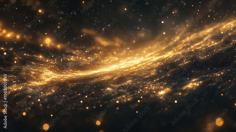 Obraz premium Elegant golden glimmers floating in a deep black expanse, resembling a cosmic light show