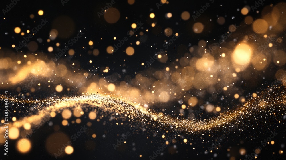 Elegant golden glitters drifting in a vast black expanse, simulating the beauty of stardust Elegant golden glitters drifting in a vast black expanse, simulating the beauty of stardust