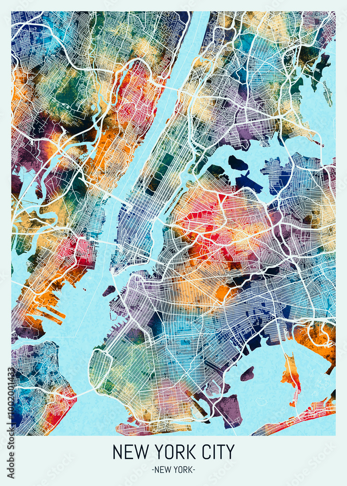 New York City New York Map, downtown printable Landmarks landscape print painting cities city travel banner urban background colorful paint watercolor business modern abstract