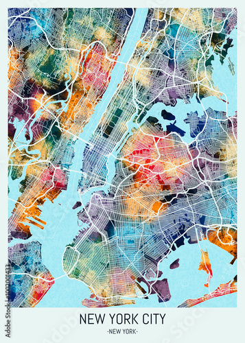 Obraz na płótnie New York City New York Map, downtown printable Landmarks landscape print painting cities city travel banner urban background colorful paint watercolor business modern abstract w salonie
