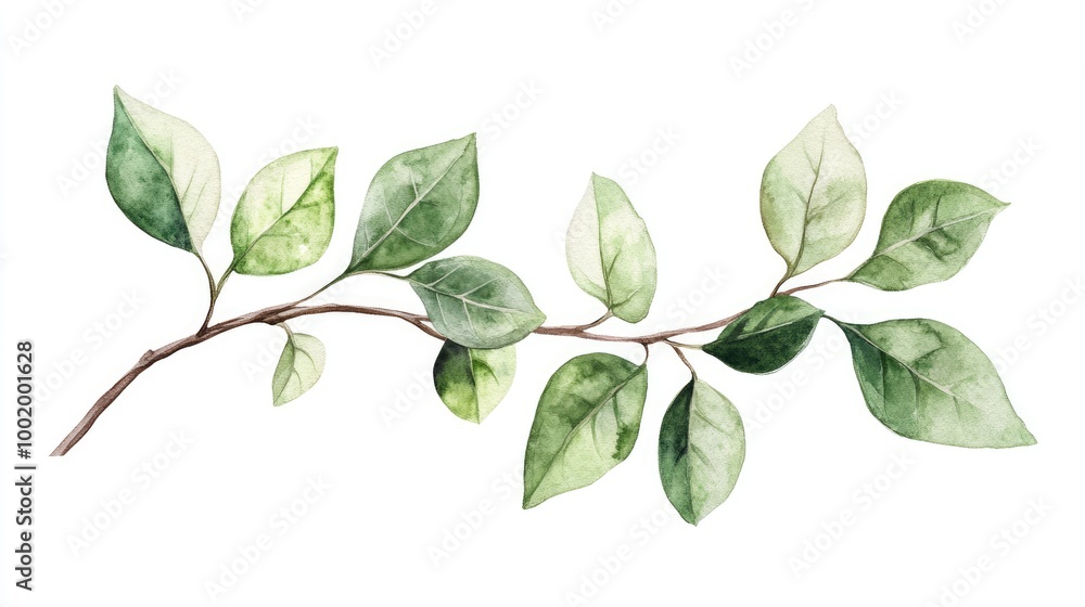 Obraz premium Elegant watercolor illustration of plant with green leaves on a branch, white