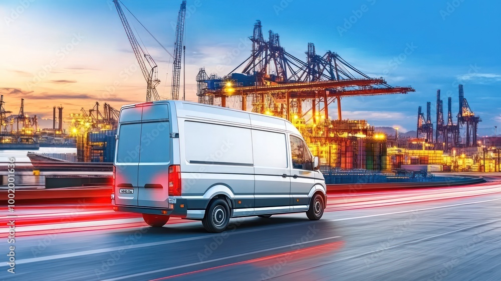 Naklejka premium A delivery van driving past an industrial area with cranes and a sunset backdrop.