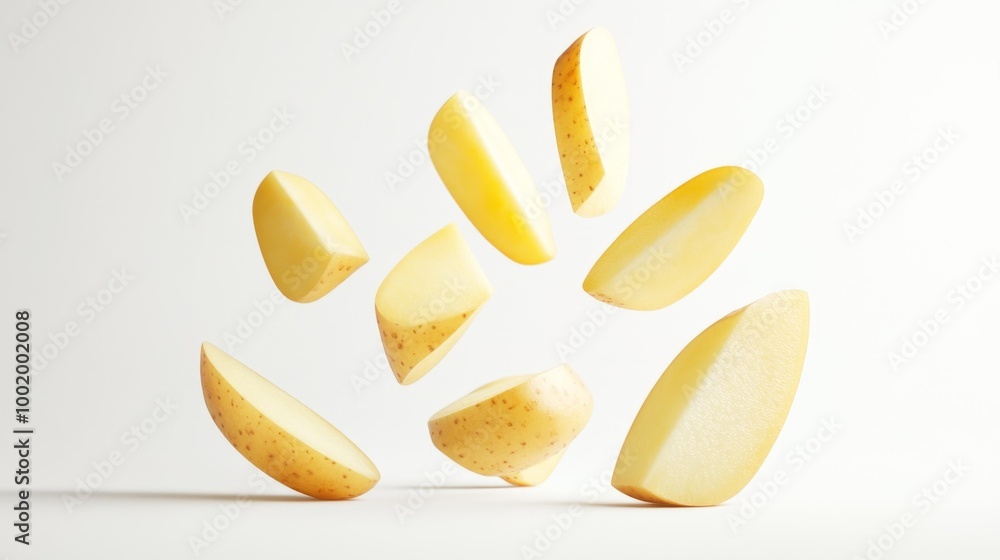 Floating potato slices isolated on white background Generative AI Floating potato slices isolated on white background Generative AI