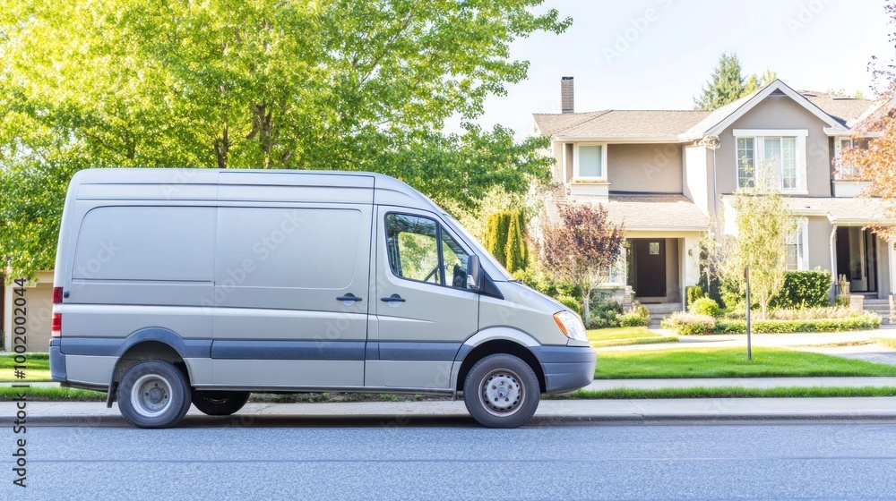 A silver delivery van parked on a residential street near houses and trees. A silver delivery van parked on a residential street near houses and trees.