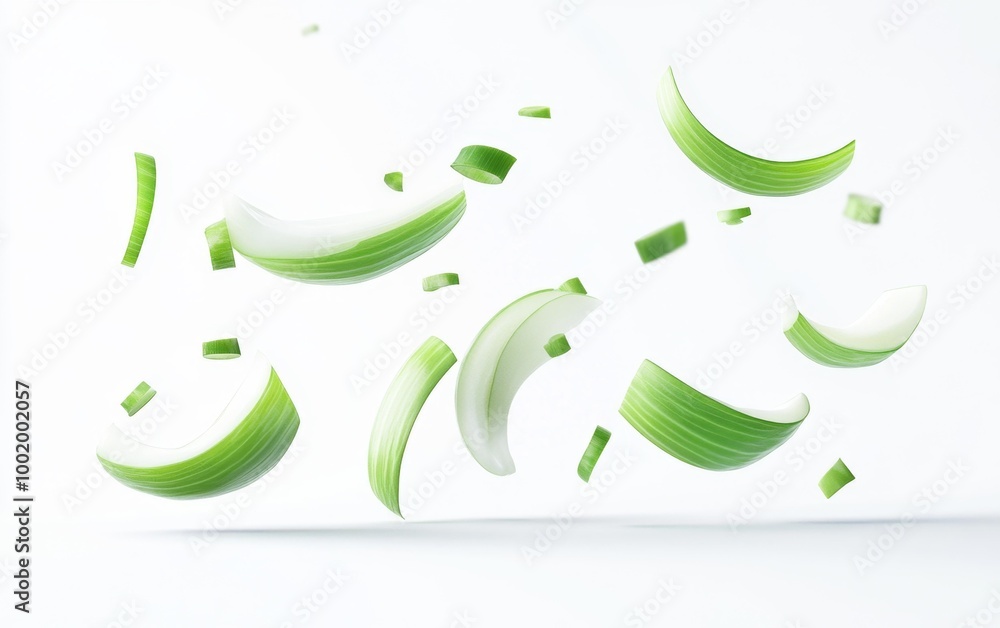 Floating Green Onion Slices Isolated on White Background Generative AI Floating Green Onion Slices Isolated on White Background Generative AI