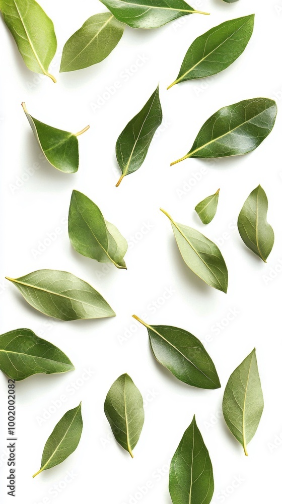 Bay leaves scattered on white background Generative AI Bay leaves scattered on white background Generative AI