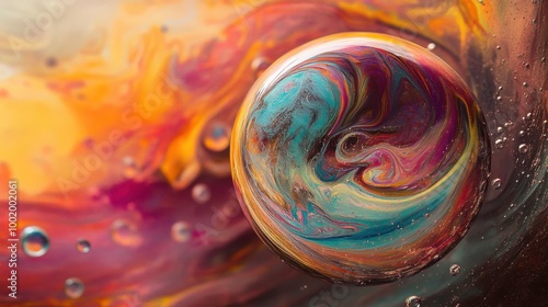 Bold, swirling colors on an abstract soap bubble background, offering dynamic reflections and vibrant energy.