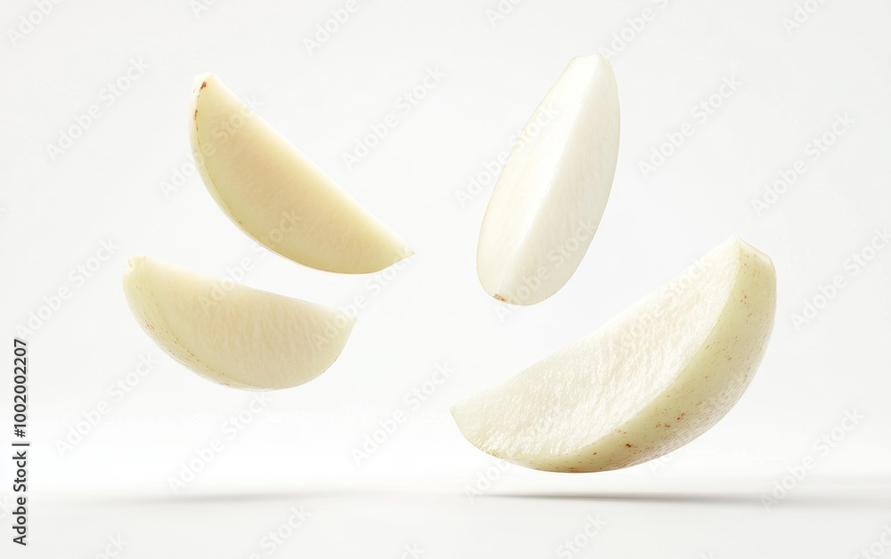 Potato slices floating isolated on white background Generative AI Potato slices floating isolated on white background Generative AI
