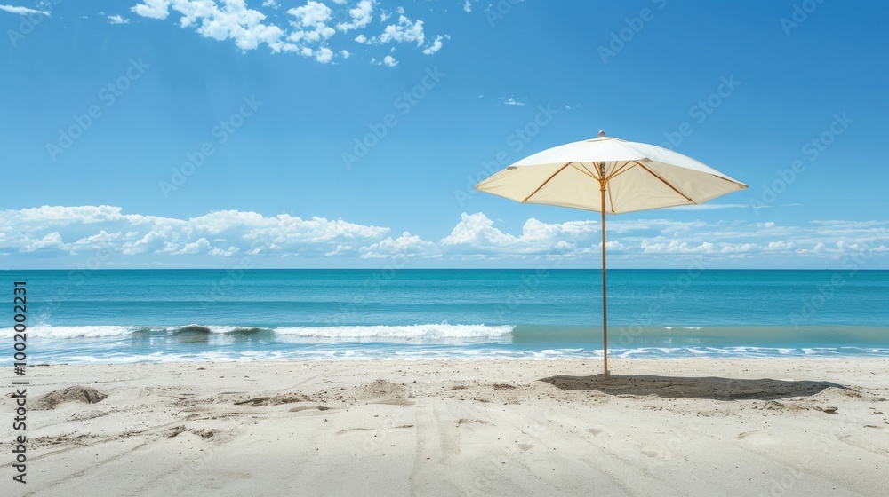 Serene Beach with Umbrella Under Clear Blue Sky Serene Beach with Umbrella Under Clear Blue Sky