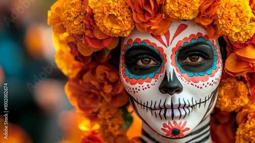 Skull face paint adorned with vibrant flowers, colorful celebration, festive ambiance.