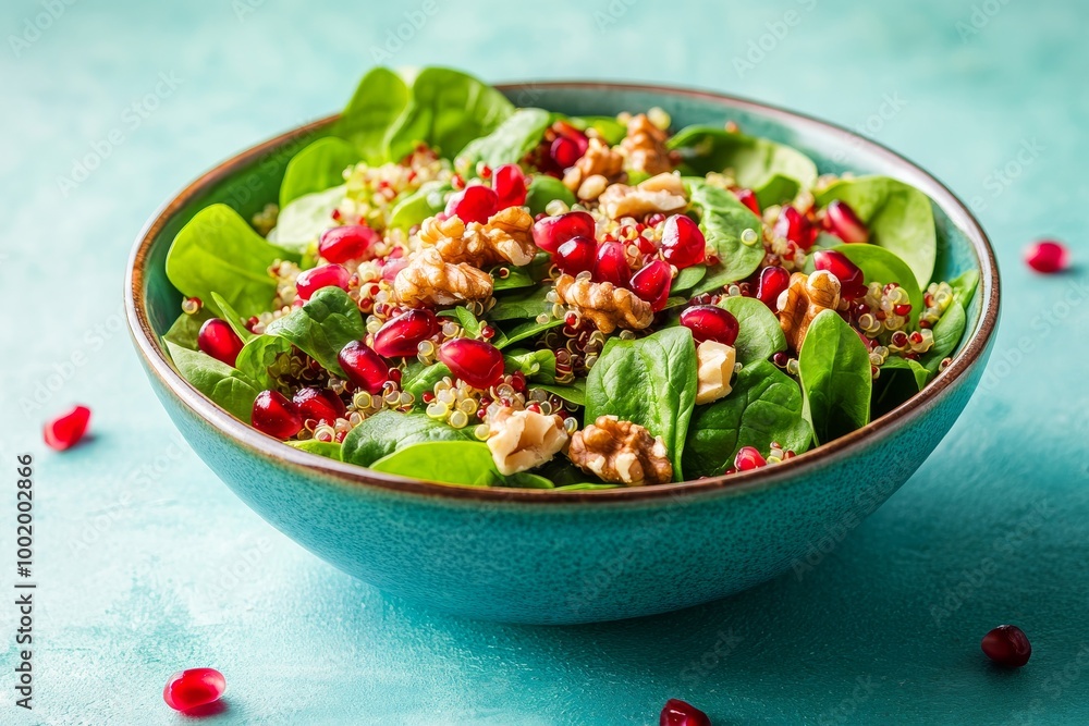 A simple vegan salad with spinach, quinoa, pomegranate seeds, and walnuts on pastel background A simple vegan salad with spinach, quinoa, pomegranate seeds, and walnuts on pastel background