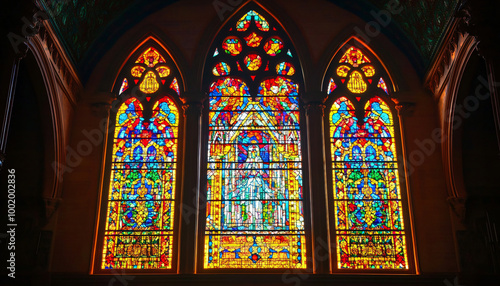 A vibrant stained glass design with intricate patterns and rich colors, resembling classic church or cathedral windows