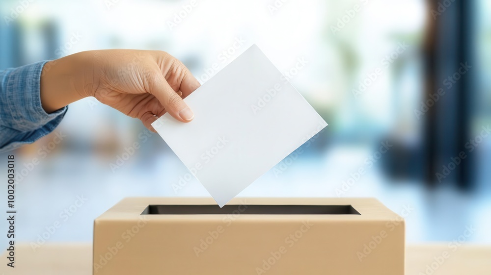 Closeup of a poll worker placing a ballot into a secure box, election integrity, vote counting Closeup of a poll worker placing a ballot into a secure box, election integrity, vote counting