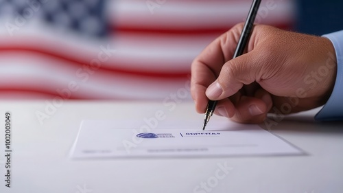 Closeup of an election official s hand stamping a ballot as Official, vote validation, election authenticity photo