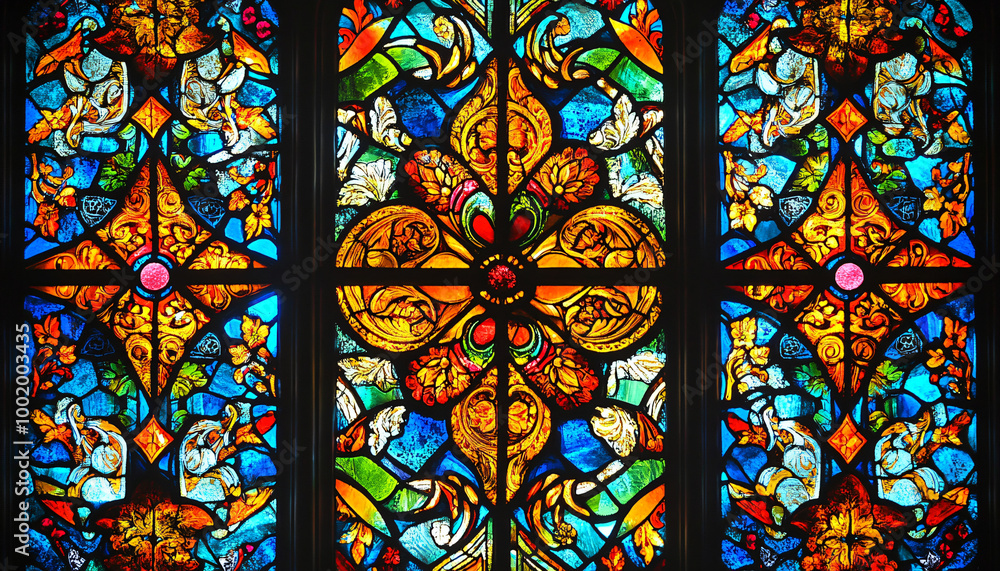 A vibrant stained glass design with intricate patterns and rich colors, resembling classic church or cathedral windows A vibrant stained glass design with intricate patterns and rich colors, resembling classic church or cathedral windows
