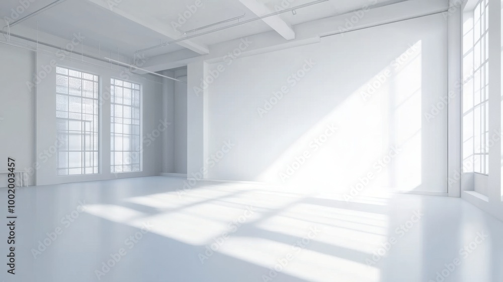 Bright, modern white open space office with a large blank mock-up wall, perfect for business presentations and design layouts. Bright, modern white open space office with a large blank mock-up wall, perfect for business presentations and design layouts.