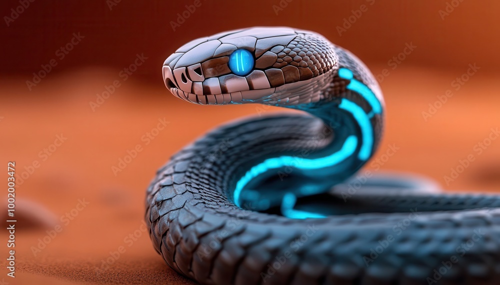 Obraz premium Robotic snake, coiled with metallic scales, neon blue glow, desert scifi landscape
