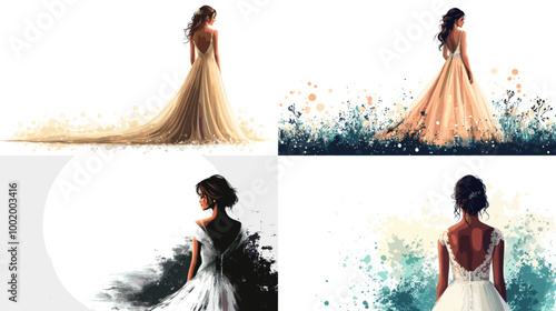A woman in a wedding dress is shown in four different colors. The first image is a black and white photo of the woman in a white dress