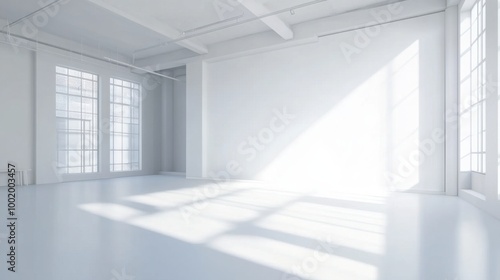 Fototapeta Naklejka Na Ścianę i Meble -  Bright, modern white open space office with a large blank mock-up wall, perfect for business presentations and design layouts.