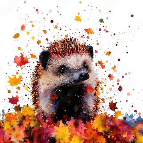 Watercolor painting of a whimsical hedgehog surrounded by falling leaves, on isolated white background