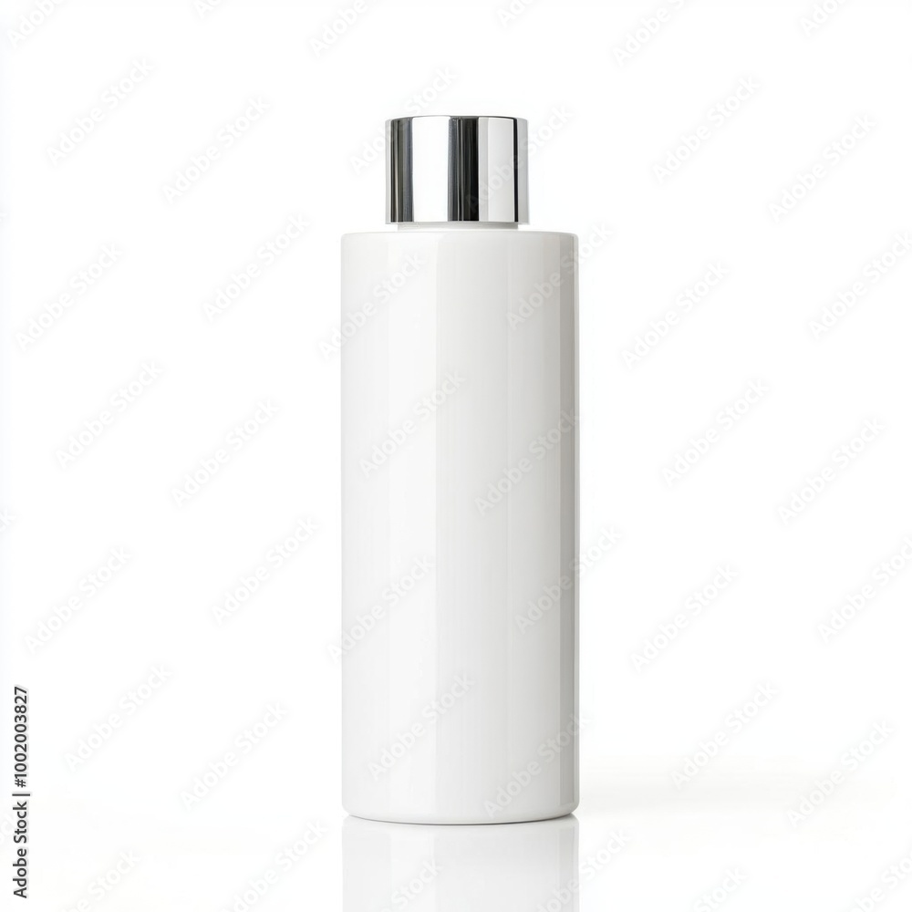 Sleek white bottle with silver cap, perfect for cosmetic, lotion, or liquid product display on a minimalistic background. Sleek white bottle with silver cap, perfect for cosmetic, lotion, or liquid product display on a minimalistic background.
