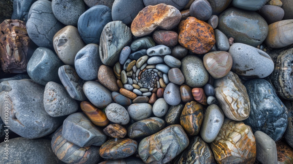 Spiral Arrangement of Colorful Pebbles on the Ground Spiral Arrangement of Colorful Pebbles on the Ground