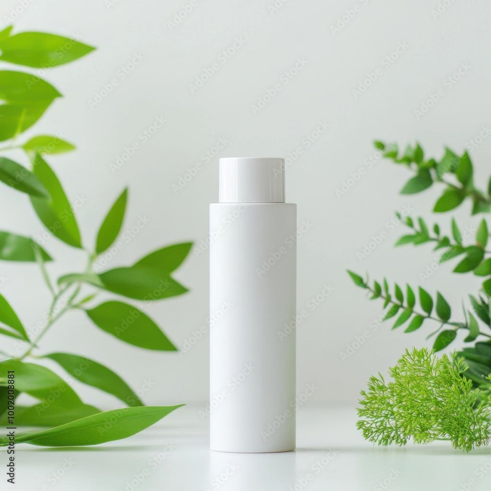 Minimalistic white bottle surrounded by fresh greenery, perfect for beauty or skincare product presentations. Minimalistic white bottle surrounded by fresh greenery, perfect for beauty or skincare product presentations.