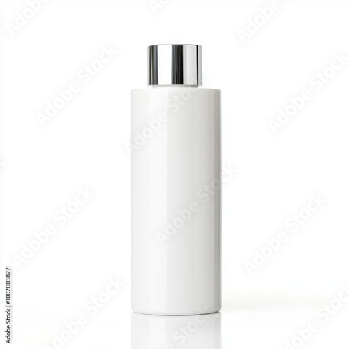 Sleek white bottle with silver cap, perfect for cosmetic, lotion, or liquid product display on a minimalistic background.