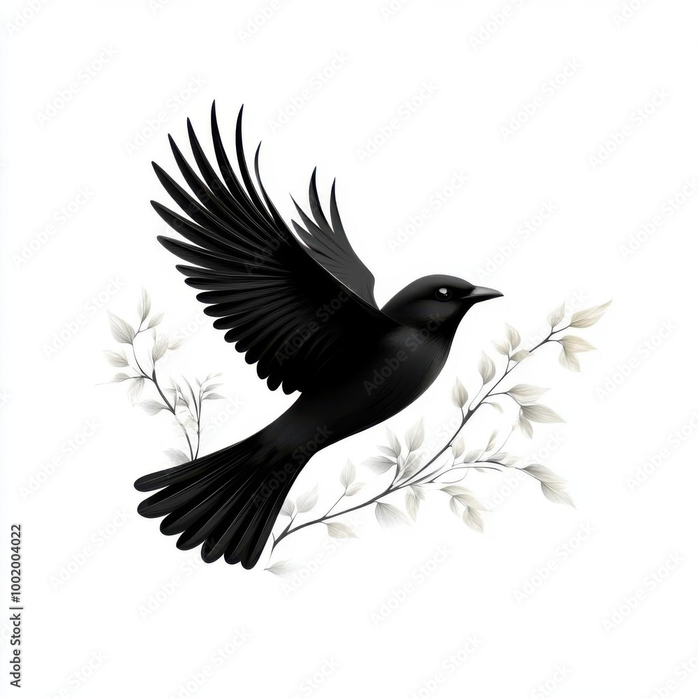 Obraz premium A beautiful black bird in flight, perched gracefully on a delicate branch with leaves, symbolizing freedom and nature's elegance.
