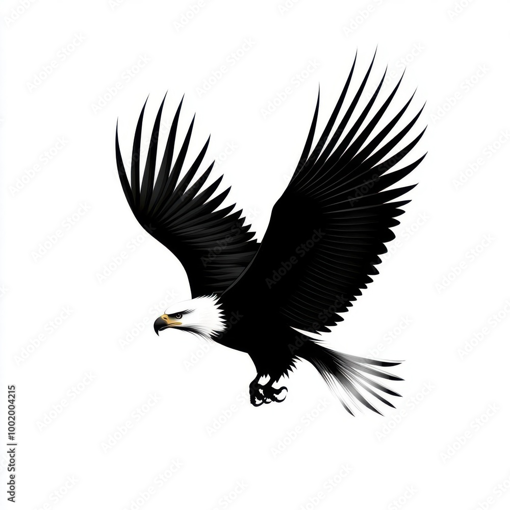 Fototapeta premium A stunning black and white illustration of an eagle in flight, showcasing graceful wings and fierce beauty.