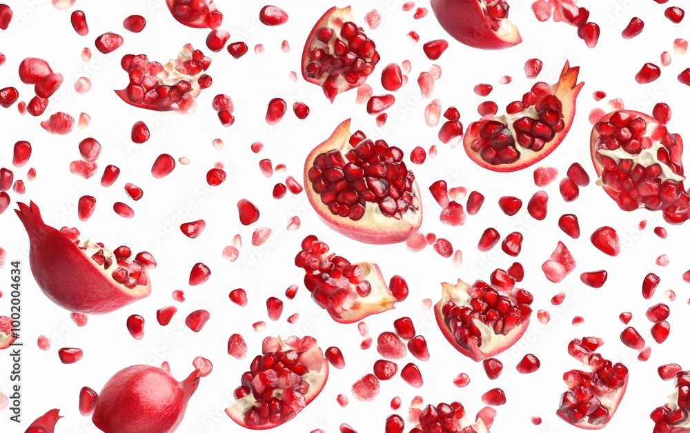 Floating Pomegranate Slices and Seeds on White Background Generative AI Floating Pomegranate Slices and Seeds on White Background Generative AI