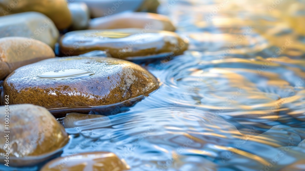 Water Flowing Over Smooth River Stones in Nature Water Flowing Over Smooth River Stones in Nature