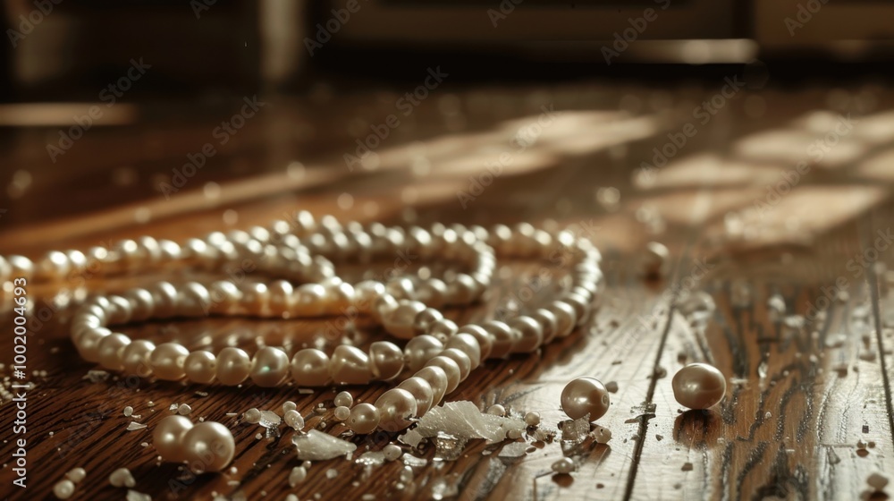 Elegant Pearls on Wooden Floor with Sparkling Accents Elegant Pearls on Wooden Floor with Sparkling Accents