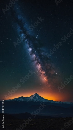 Panoramic composite of starry sky and mountain peak at night