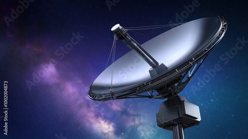 A satellite dish set against a cosmic background, designed for communication and data reception.