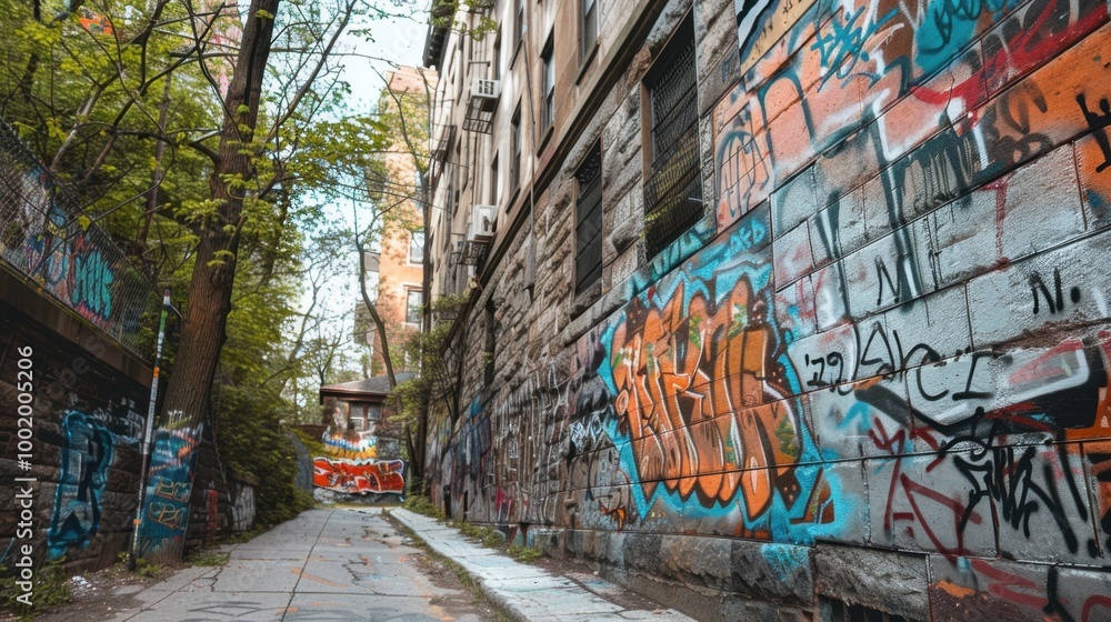 Fototapeta premium Colorful Urban Alley with Graffiti Art and Greenery