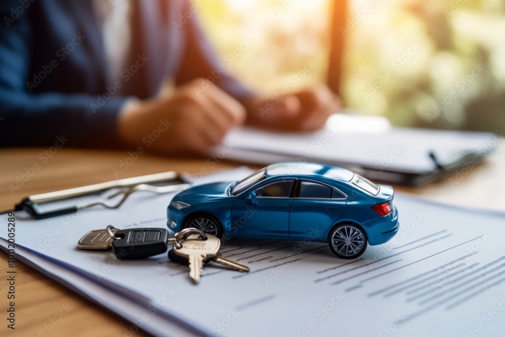 Car purchase or lease paperwork with keys and a toy car symbolizing a new deal. Car purchase or lease paperwork with keys and a toy car symbolizing a new deal.