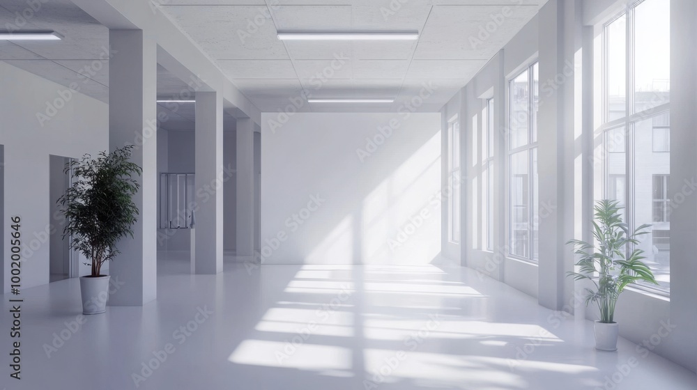 Clean, modern office space with a large white mock-up wall, perfect for business presentations or design showcases. Clean, modern office space with a large white mock-up wall, perfect for business presentations or design showcases.