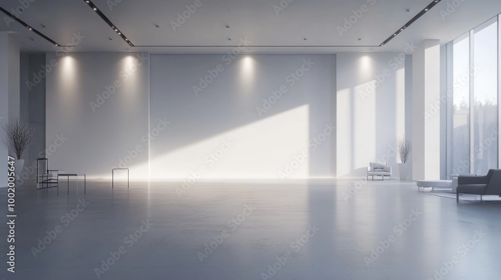 Clean, modern office space with a large white mock-up wall, perfect for business presentations or design showcases. Clean, modern office space with a large white mock-up wall, perfect for business presentations or design showcases.