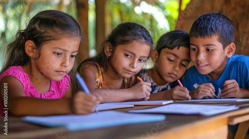 Young Venezuelan students engaging in creative writing session at school