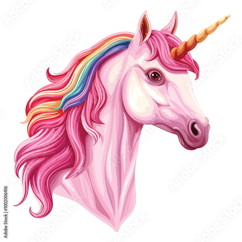 Pink unicorn head with rainbow mane and horn isolated on white background. Vector illustration