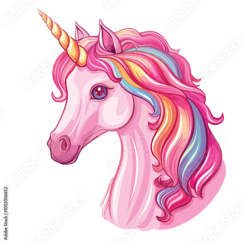 Pink unicorn head with rainbow mane and horn isolated on white background. Vector illustration