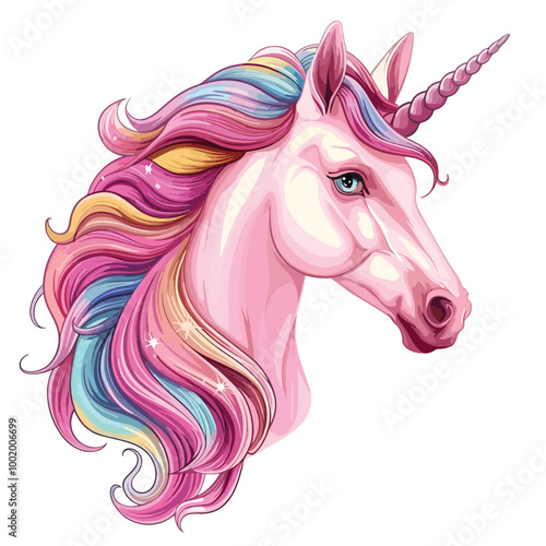 Pink unicorn head with rainbow mane and horn isolated on white background. Vector illustration